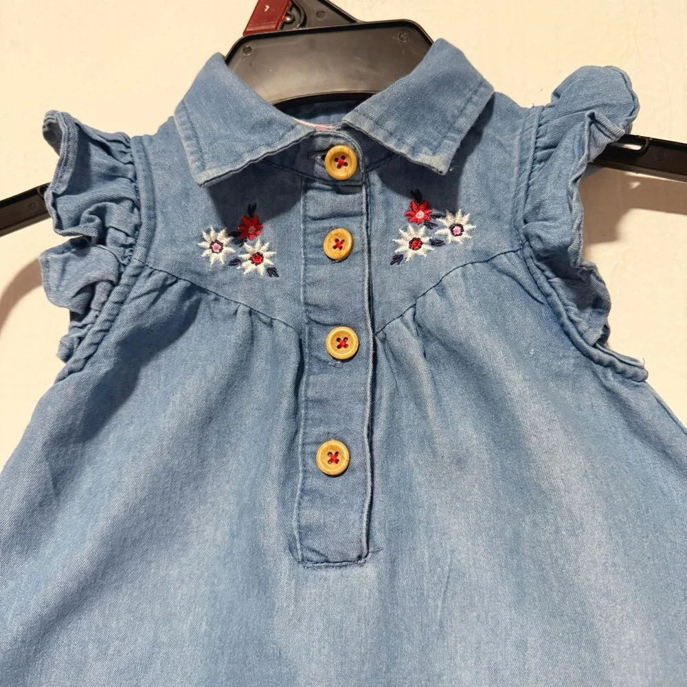Baby Girl Light Blue Denim Dress with Floral Embroidery